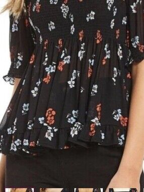 Free People.Black Floral Smocked Peasant Top - Women's